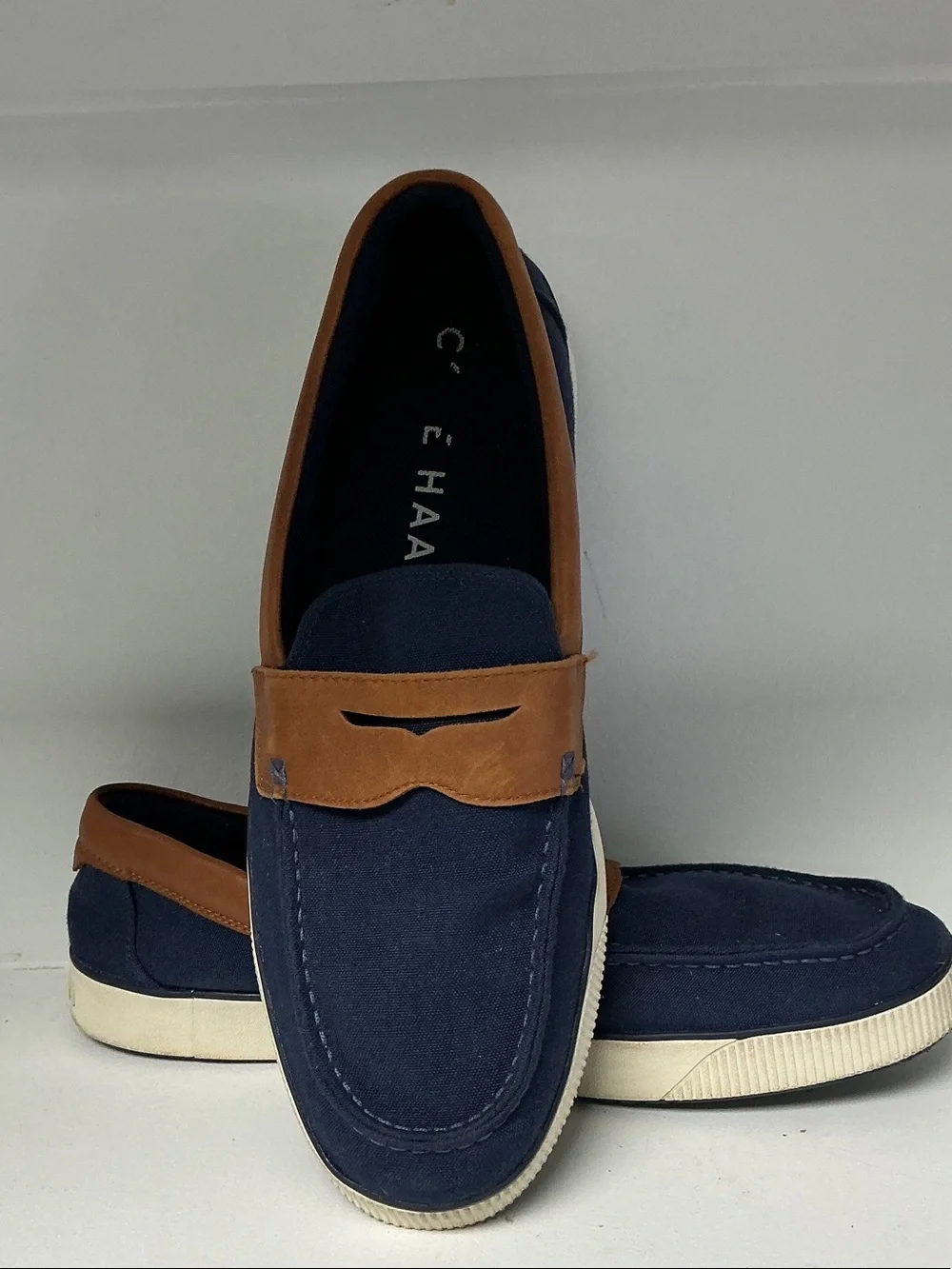 Cole Haan Navy and Brown Slip-On Penny Loafer